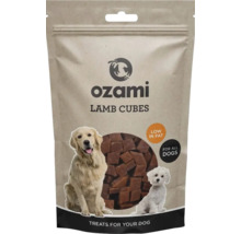 Förpackning med ozami lammkuber hundgodis, fettsnåla, lämpliga för alla hundraser.