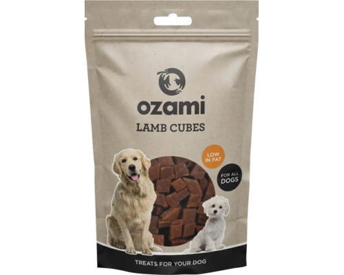 Förpackning med ozami lammkuber hundgodis, fettsnåla, lämpliga för alla hundraser.