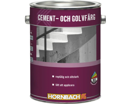 En burk cement och golvfärg med reptåliga och slitstarka egenskaper inklusive Hornbach logotyp.