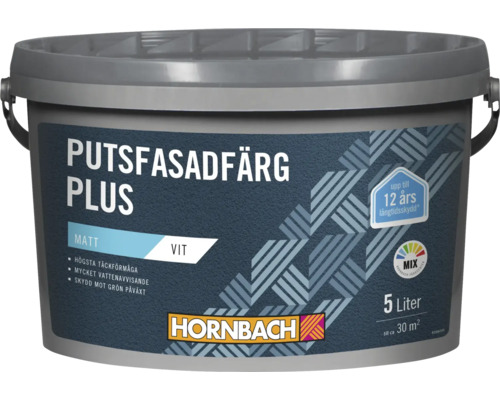 Hink med putsfasadfärg Plus, 5 liter, matt, väderbeständig med långtidsskydd och Hornbach logotyp.