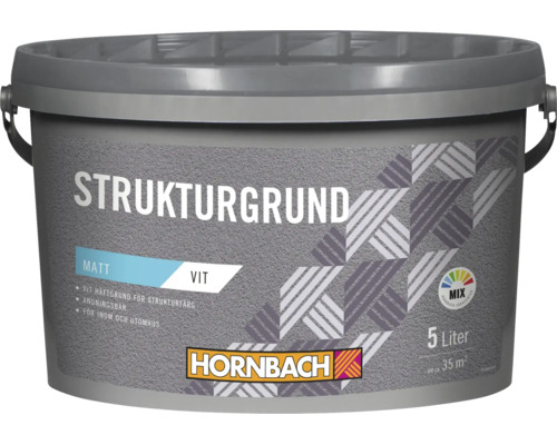 En femlitershink med vit strukturgrundfärg för inomhus- och utomhusbruk med Hornbach logotyp