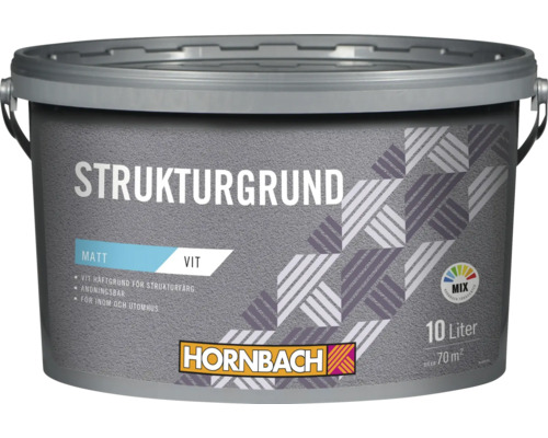 En hink med 10 liter strukturprimer för inomhus- och utomhusbruk från Hornbach.