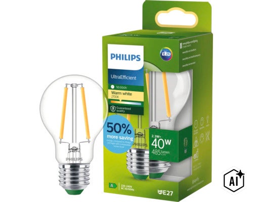 Philips UltraEfficient LED glödtrådslampa E27, 2,3 Watt, 485 lumen, varmvitt ljus 2700 Kelvin, livslängd 50000 timmar, ersätter 40 Watt. (Image AI modified or generated)
