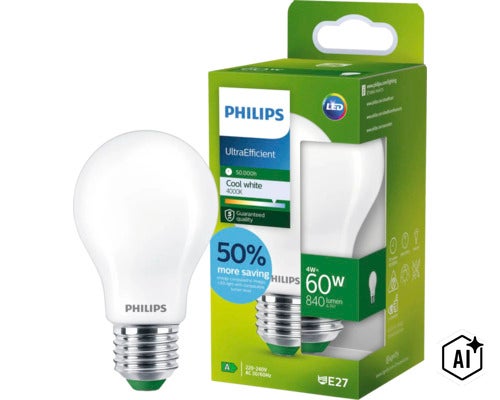 Philips LED lampa E27, 4 Watt ersätter 60 Watt, 840 lumen, 4000 Kelvin, kallvit, energieffektivitetsklass A, livslängd 50.000 timmar. (Image AI modified or generated)