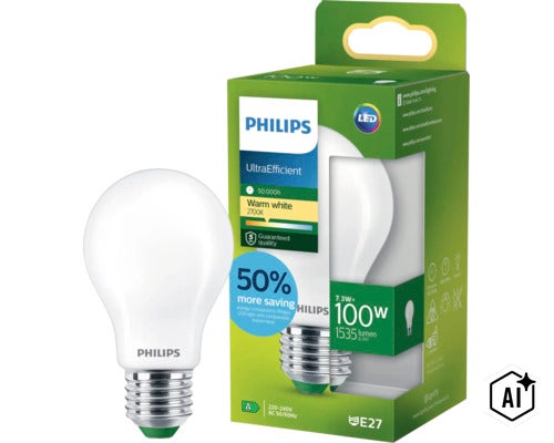 Philips LED lampa E27 7.3 watt 1535 lumen varmvit 2700 kelvin i förpackning (Image AI modified or generated)