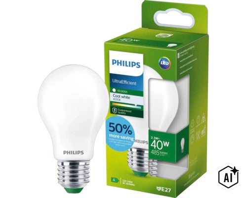 Philips UltraEfficient LED lampa, E27 sockel, 2,3 watt ersätter 40 watt, 485 lumen, kallvitt ljus 4000 kelvin, hållbar. (Image AI modified or generated)