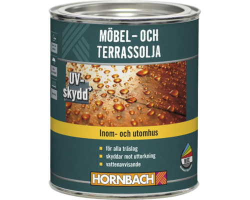 En burk Hornbach möbel- och terrassolja för inomhus- och utomhusbruk med UV-skydd och vattenavvisande effekt för alla träslag.