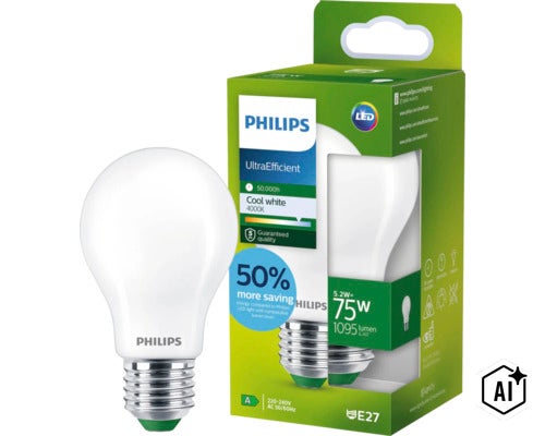 Philips UltraEfficient LED lampa E27 5,2 Watt 1095 lumen 4000 Kelvin kallvitt ljus i produktförpackning (Image AI modified or generated)