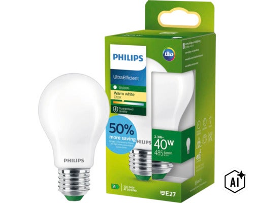 Philips LED lampa UltraEfficient E27, 2,3 Watt motsvarar 40 Watt, 485 lumen, varmvitt ljus 2700 Kelvin, 50000 timmars livslängd (Image AI modified or generated)