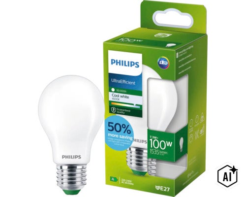 Philips UltraEfficient LED lampa E27, 7,3 watt, motsvarar 100 watt, 1535 lumen, 4000 kelvin, kallvitt ljus, lång livslängd (Image AI modified or generated)
