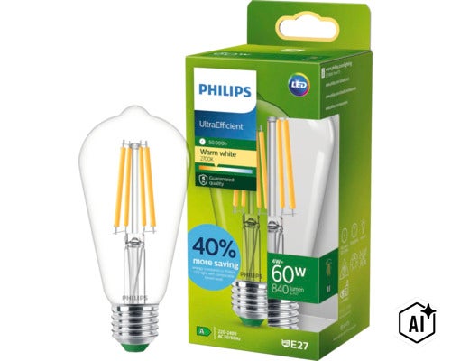 Philips UltraEfficient LED filamentlampa E27, 4 Watt, 840 lumen, varmvit 2700 Kelvin, livslängd 50000 timmar, ersätter 60 Watt. (Image AI modified or generated)