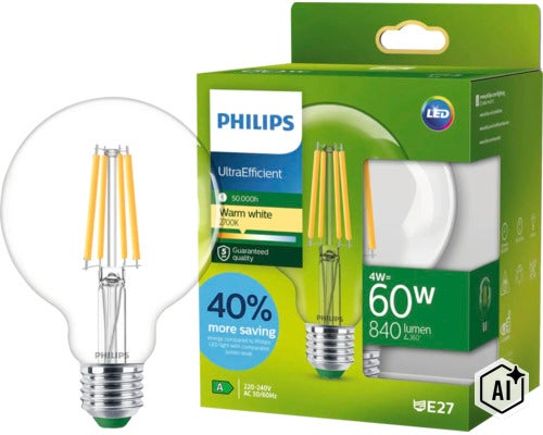 Philips UltraEfficient LED-lampa med E27-sockel, 4 watt effekt, 840 lumen ljusflöde, 2700 Kelvin varmvitt ljus, 50000 timmars livslängd. (Image AI modified or generated)