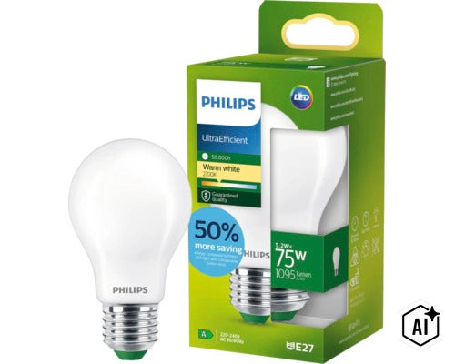 Philips UltraEfficient LED lampa 5.2 watt ersätter 75 watt 1095 lumen varmvit 2700 Kelvin E27 sockel (Image AI modified or generated)