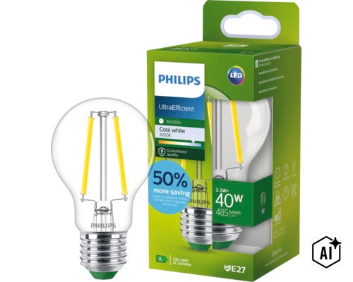 Philips UltraEfficient LED filamentlampa E27, 2,3 Watt, motsvarar 40 Watt, 485 lumen, 4000 Kelvin, kallvitt ljus i glaskolv. (Image AI modified or generated)