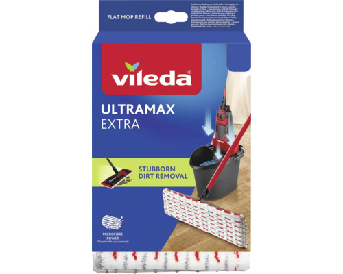Vileda Ultramax Extra mopphuvud i mikrofiber som reservdel för platt mopp för att ta bort envis smuts.
