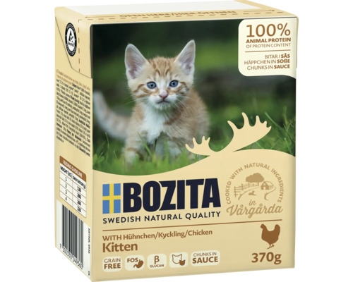 Bozita Kitten kattmat med kyckling, spannmålsfri, bitar i sås, förpackning om 370 gram.