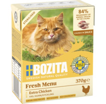 Bozita Fresh Menu kattmat med extra kyckling i sås, 370 grams förpackning för steriliserade katter, spannmålsfritt och utan tillsatt socker.