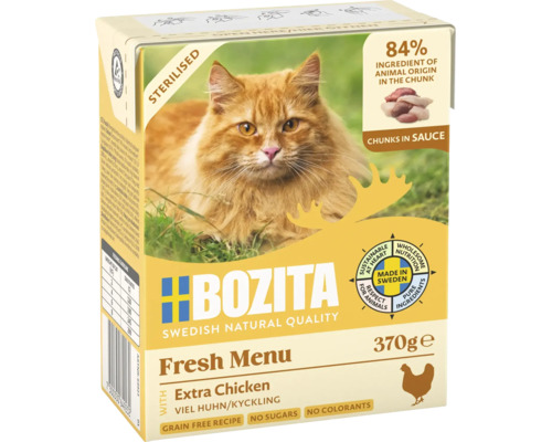 Bozita Fresh Menu kattmat med extra kyckling i sås, 370 grams förpackning för steriliserade katter, spannmålsfritt och utan tillsatt socker.