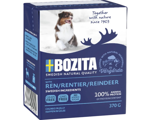 Bozita hundmat med ren i gelé, spannmålsfritt och utan tillsatt socker, 370 grams förpackning.