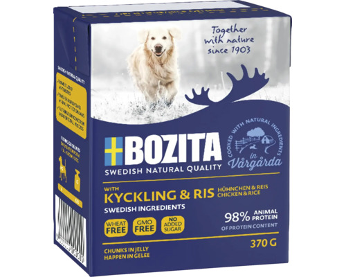 Bozita hundmat med kyckling och ris, 370 grams förpackning, våtfoder i gelé med svenska ingredienser, spannmålsfritt utan tillsatt socker.