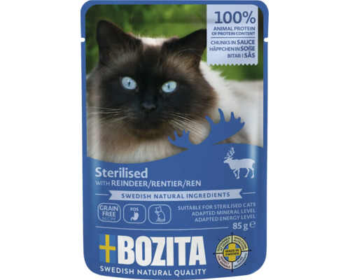 Bozita portionspåse för steriliserade katter med ren, spannmålsfritt, 85 gram.