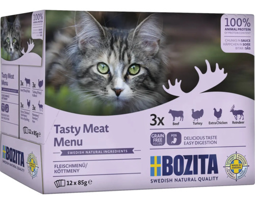 Bozita kattmat Tasty Meat Menu multipack tolv påsar om åttiofem gram med köttbitar i sås