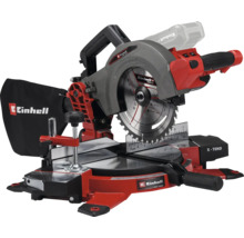 Einhell batteridriven kap- och geringssåg med sågklinga och dammpåse på en stabil basplatta med X-Tend arbetsstyckesstöd.