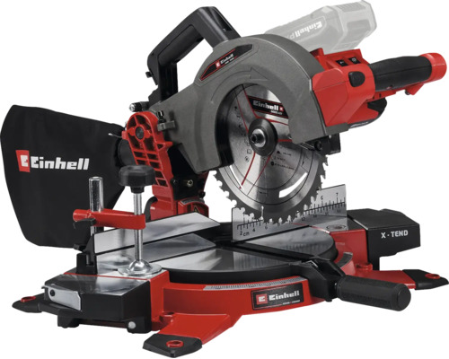 Einhell batteridriven kap- och geringssåg med sågklinga och dammpåse på en stabil basplatta med X-Tend arbetsstyckesstöd.
