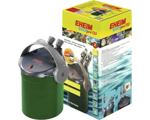 Eheim Ecco Pro 130 ytterfilter för akvarier inklusive förpackning med produktinformation och tekniska detaljer.