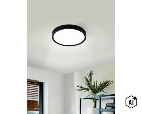 Modern rund LED taklampa med platt design och matt yta monterad i vardagsrum. (Image AI modified or generated)