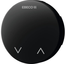 Rund Ebeco termostat för styrning av golvvärme med Ebeco logotyp och pilar