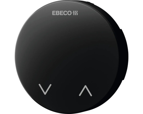 Rund Ebeco termostat för styrning av golvvärme med Ebeco logotyp och pilar
