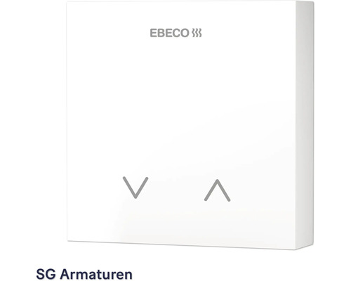 Ebeco termostat för golvvärme med Ebeco logotyp och piltangenter för temperaturreglering