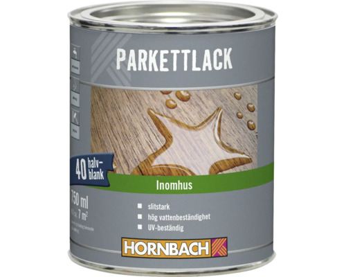 En burk Hornbach parkettlack halvmatt för inomhusbruk, slitstark och vattenbeständig.