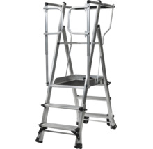 Monteringsplattform i aluminium med räcke och trappsteg för säkert arbete på hög höjd.