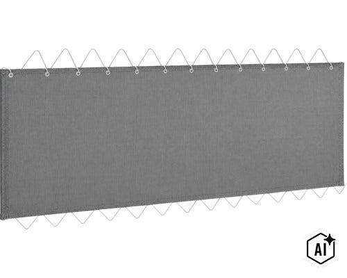 Balkongskydd i textil med öljetter och spännrep för montering på balkongräcke. (Image AI modified or generated)