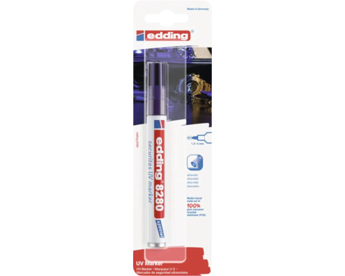 Edding 8280 UV penna med en linjebredd på 1,5 till 3 millimeter i försäljningsförpackning.