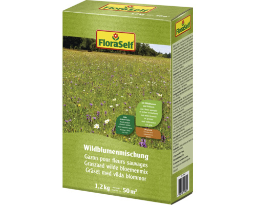 FloraSelf blandning av vilda blommor 1,2 kilogram för 50 kvadratmeter förpackning med information om sådd och skötsel av ängsblommor