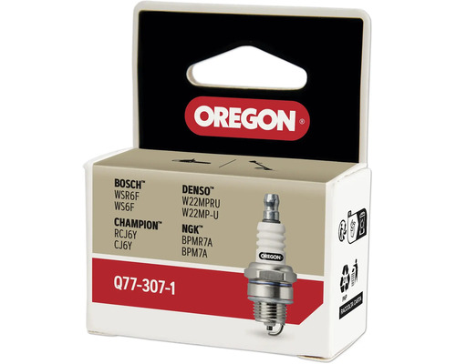 Oregon tändstift Q77-307-1 i förpackning med referensnummer för olika varumärken.