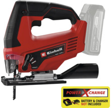 Einhell batteridriven sticksåg med isatt batteri och Power X Change logotyp med information om att batteri och laddare inte ingår