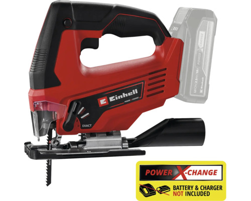Einhell batteridriven sticksåg med isatt batteri och Power X Change logotyp med information om att batteri och laddare inte ingår