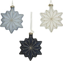 Tre stjärnformade julgranskulor i glas