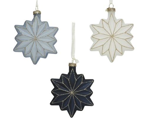 Tre stjärnformade julgranskulor i glas