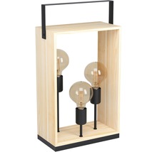 Bordslampa i trä med tre glödlampor och svart metallhandtag
