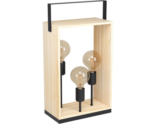 Bordslampa i trä med tre glödlampor och svart metallhandtag