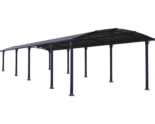 Långt skydd med stolpar och tak för utomhusbruk.