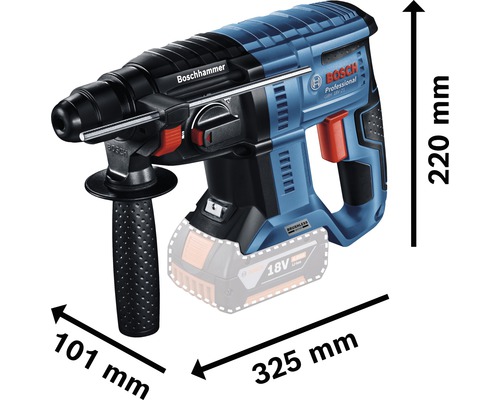 Mått på Bosch batteridrivna borrhammare med 220 mm höjd, 325 mm längd och 101 mm handtagsdiameter.