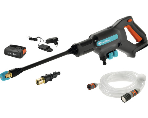 Gardena batteridriven högtryckstvätt med batteri, laddare, slang och tillbehör