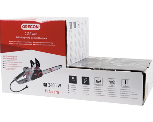 Förpackning för en Oregon elektrisk motorsåg med 2400 watt effekt och självslipande funktion