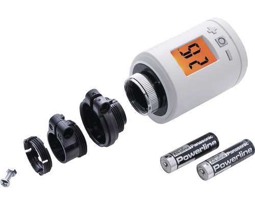 Bild på radiatortermostat med tillbehör och batterier